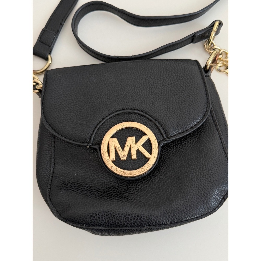 Michael Kors Black Leather Crossbody Bag with Gold MK Medallion(poor Condition)